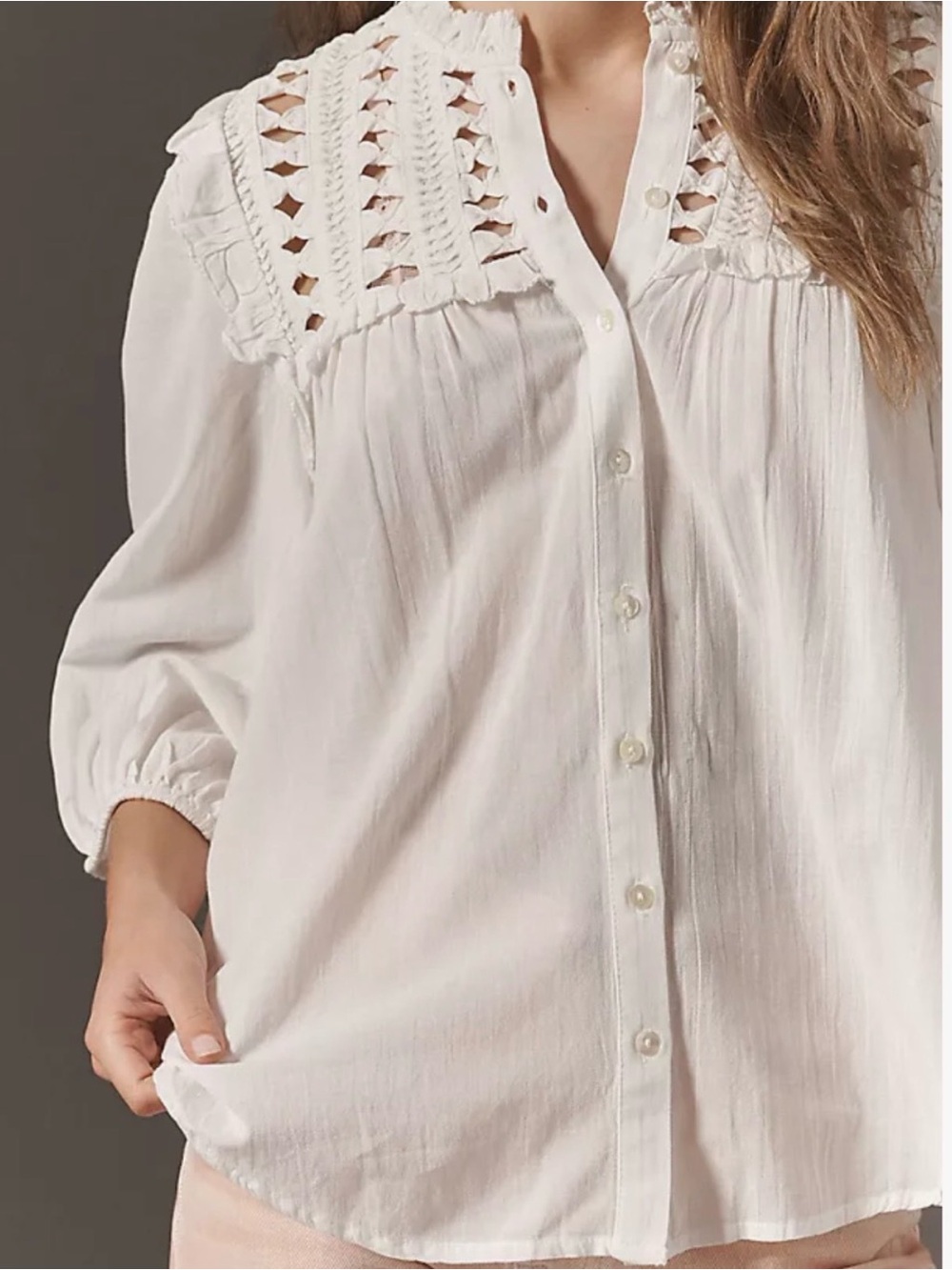 Anthropologie White Crochet Button-Down Blouse
